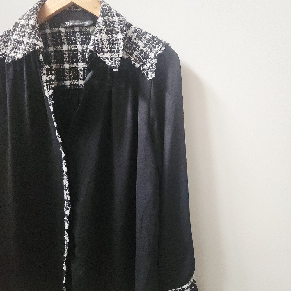 Zara Black Button Up Shirt XS Tweed Trim Sheer Blouse - Picture 4 of 9
